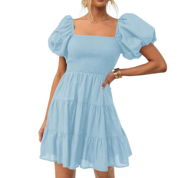Naisten kesän neliöpääntie puhvihihainen olkapäät paljastava rento lyhyt minimekko baby blue L