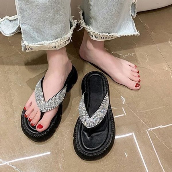 Naisten strassikivikoristeiset varvassandaalit, keskikorkea pohja, kimaltavat ja mukavat rantasandaalit kesähäihin Flip Flops White 40-41