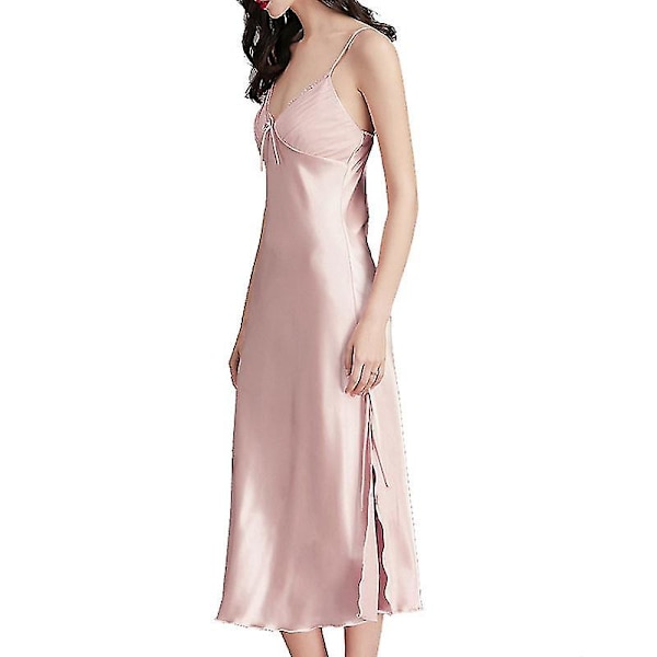 Dam Satin Nattlinnen Lång Chemise Sexig Ärmlös Sidoslits Nattklänning Spaghettiband Sovkläder Pink 2 S