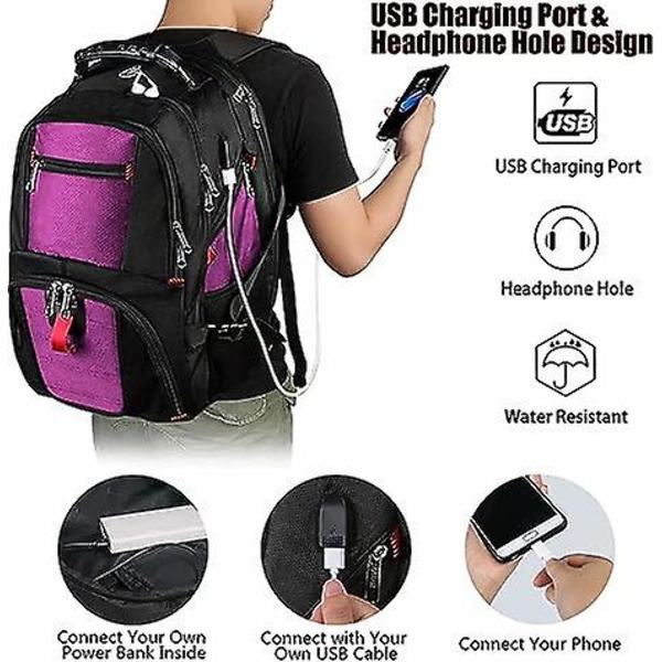 Matkareppu, 50 litran erittäin suuret kannettavan tietokoneen reput miehille ja naisille, vettähylkivä college-reppu, lentoyhtiön hyväksymä työreppu USB-latauksella purple
