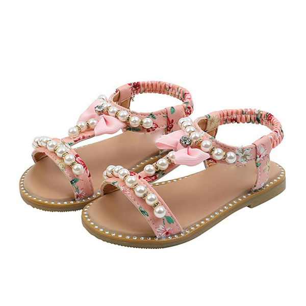 Baby Flickor Boho Pärlbroderade Sandaler Blomsterflickor Rosett Platt Tå Sandaler Gladiator Pink 21