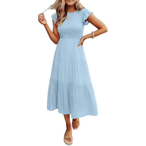 Sommarklänning för damer, ledig, med korta fjärilsärmar, rund hals, smockad resår i midjan och volangkjol i midilängd Lightblue Medium