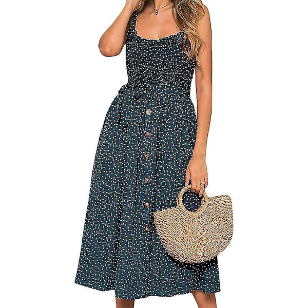 Sommarklänning med prickar för kvinnor, midilång, semesterbälte, strandklänning, lös solklänning Dark Green XL