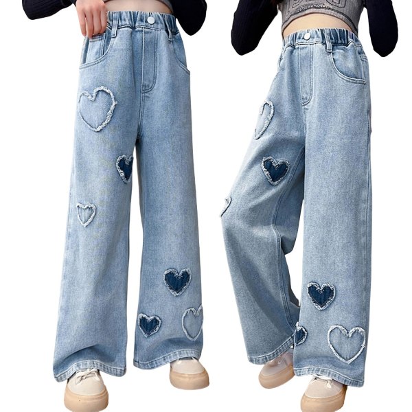 Jenter Vide Ben Denim Bukser Elastisk Midje Hjerte Mønster Trykk Jeans For Ferie Hverdagsbruk Skole Blue 160