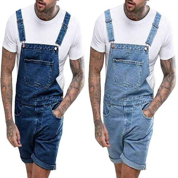 Denim slitna shorts för män, arbetsdräkt i ett stycke, byxor med axelrem blue L
