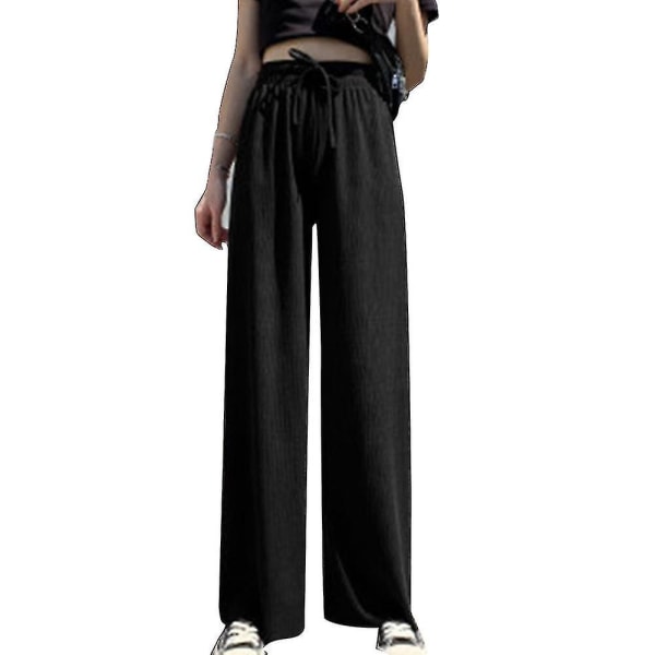Dame Ice Silks Vide Ben Bukser Løse Elastisk Midje Casual Sommer Lange Bukser-r Black M