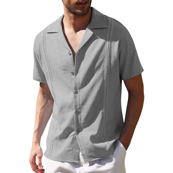 Herre Ensfarget Revers Kort Erm Knapp Skjorte Sommer Casual Løs V-hals Topper Grey M