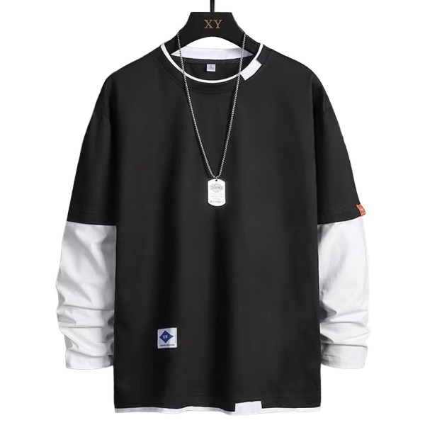 Tröja med rund hals för män Kontrastfärgad design Långärmad t-shirt för casual Festskola 352 Black M