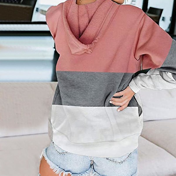 Dame Casual Color Block Hættetrøjer Toppe Langærmet Snøre Pullover Sweatshirts Med Lomme(r) (s-3xl) A Pink 2XL