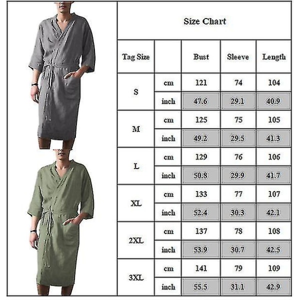 Badrock för män Bomull Linne Nattkläder 3/4 Ärm Sovplagg Badrock Morgonrock Grey XL