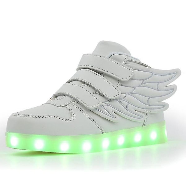 Led Light Up Hi-top Skor Med Wing USB Uppladdningsbara blinkande Sneakers För Småbarn Barn Pojkar Flickor White 32