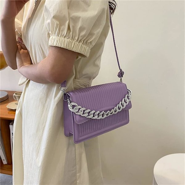 Dam Crossbody Väska - Liten Crossbody Väska Mode Enfärgad Läder Vertikalt Mönster Kedja Axelremsväska Messenger Handväska Purple