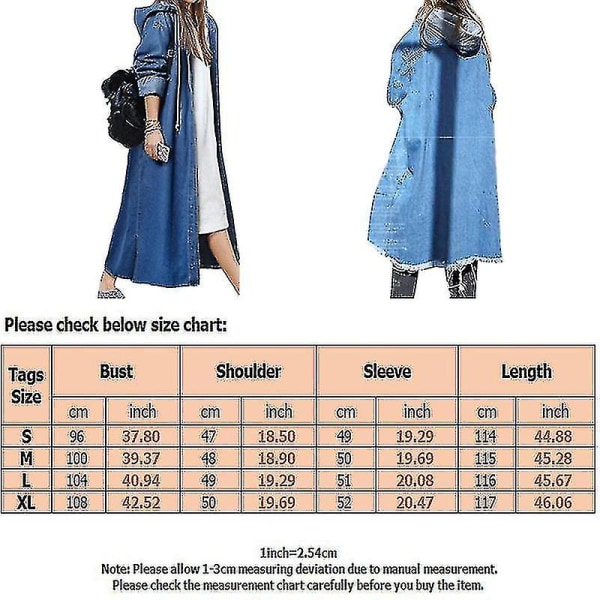 Dame Baggy Denimjakker Langermet Snøring Trenchcoat Høst Hettegensere Overfrakker Deep Blue XL