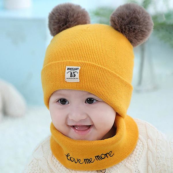 Stickad Babymössa med Pom Pom Tofs och Snood Halsduk Pojke Flicka Småbarn Mössa Set Yellow