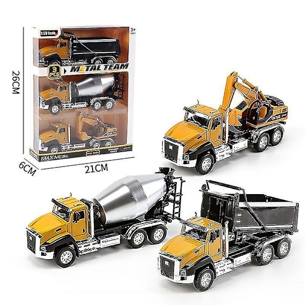 Støbt ingeniørkøretøj Byggekøretøjer Dumper Gravemaskine Mixer Lastbil 1/50 Skala Metal Modelbiler Træk Tilbage Billegetøj 3 STK C