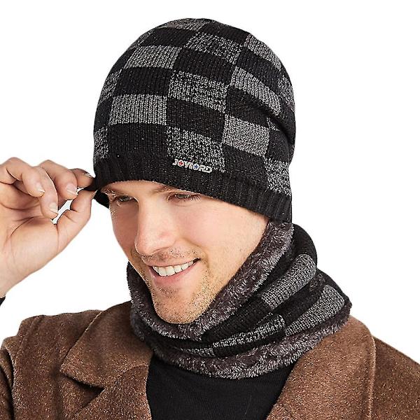 Miesten ruutukuvioinen pipo fleecevuorella, hiihtomyssy, tuubihuivi, kauluri, kääresetti Black - Hat and Scarf