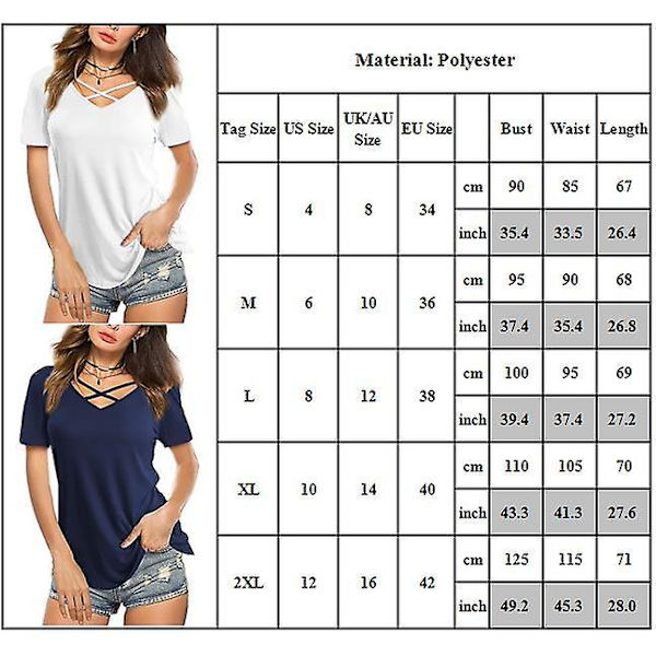 Naisten yksivärinen ristikkäinen V-kaula-aukko lyhythihainen T-paita kesäinen rento tunika White 2XL