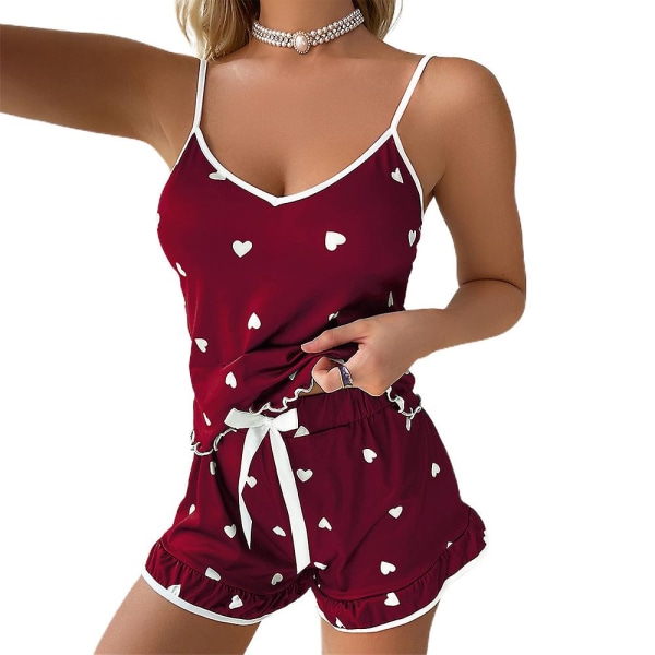 Dame Trykte Pyjamas Sett Sommer Nattøy Cami Vest Shorts Pysjamas Loungewear Wine Red 2XL