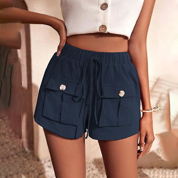 Baggy Hotpants för Kvinnor med Elastisk Midja, Lös Rak Modell för Damer, Sommarshorts Navy Blue M