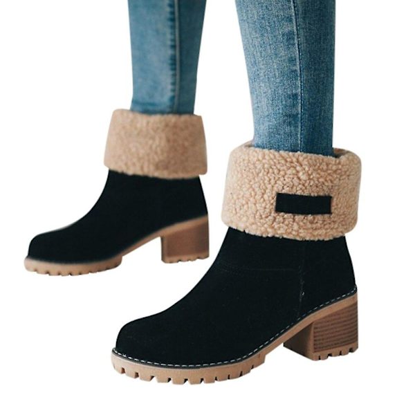 Dame Vinterstøvler Korte Sne Flock Varme Støvletter Sko Slip On Korte Ankel Chunky Hæl Støvler Black 42