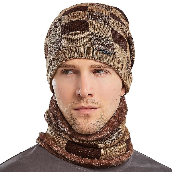 Tartan Beanie Lue Herre Fleeceforet Skilue Snood Skjerf Halsvarmer Sett Khaki - Hat and Scarf