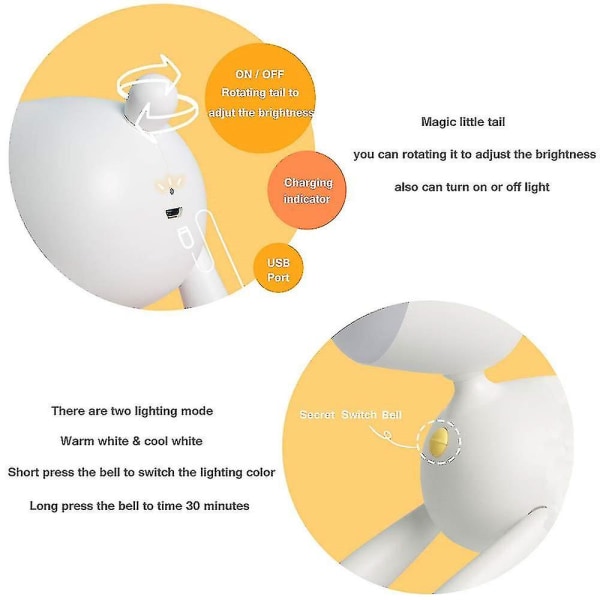 USB Genopladelig Sød Hjort LED Natlampe Dæmpbar Sengelampe Bordlampe White