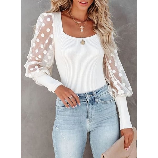 Naisten toppi, neliöpääntie, pallohihat, pitkähihainen, slim fit, neulottu, ribbineulottu paita white S