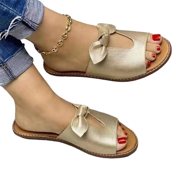 Dam Enfärgad Casual Sandaler PU Läder Andningsbara Tofflor Lämpliga För Camping Inomhus Promenader Gold 43