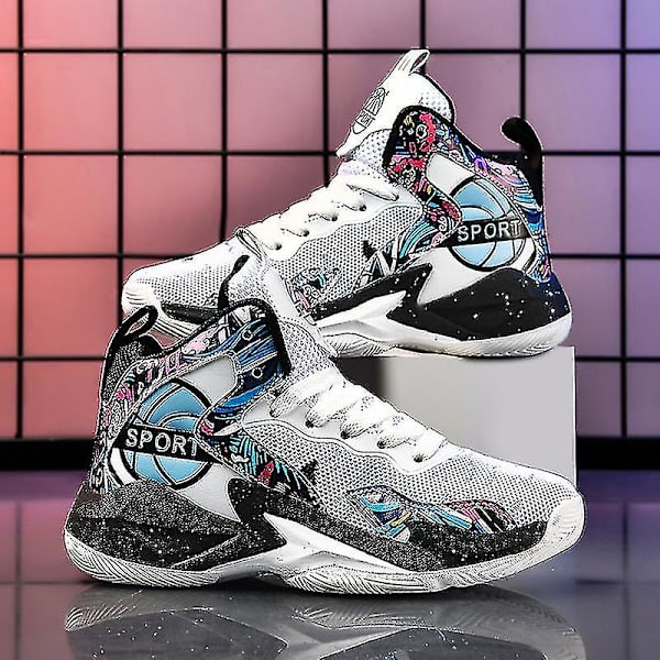 Barn Basketbollskor Andningsbara Sneakers Pojkar Flickor Sportskor Yj8768 WhiteBlack 34