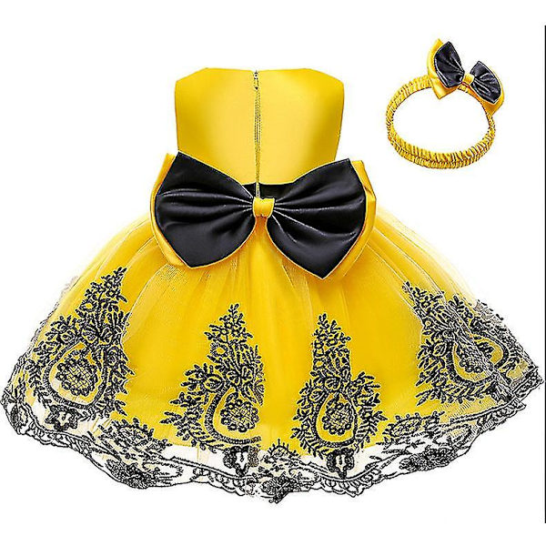 Flickor Prinsessklänning Ärmlös Tyll Broderad Rosett Prinsessklänning Med Huvudbonad Halloween Föreställningsdräkter Yellow 90cm