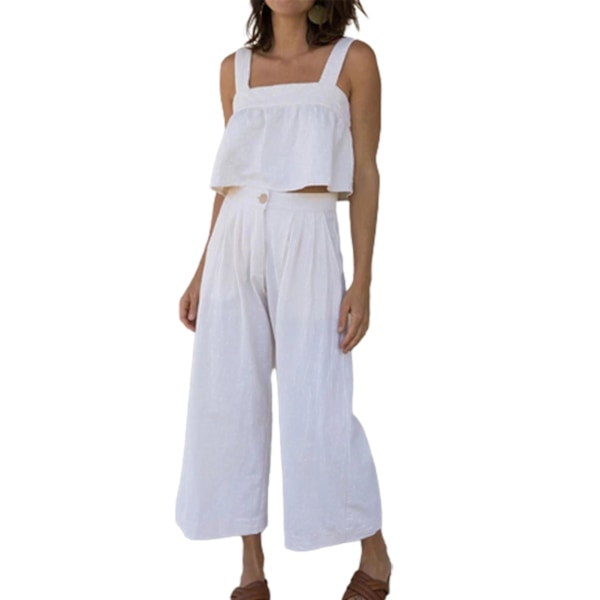 Dame Bomuld og Linned Tank Sæt Sommer Firkantet Hals Vest Sæt Til Shopping og Transport White XL