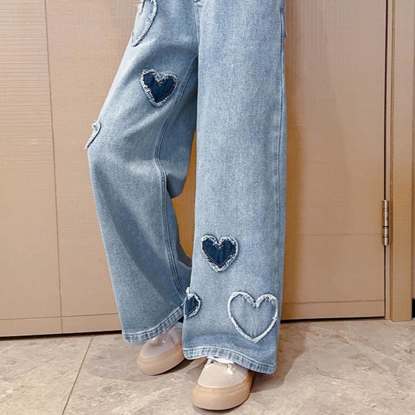 Jenter Vide Ben Denim Bukser Elastisk Midje Hjerte Mønster Trykk Jeans For Ferie Hverdagsbruk Skole Blue 130