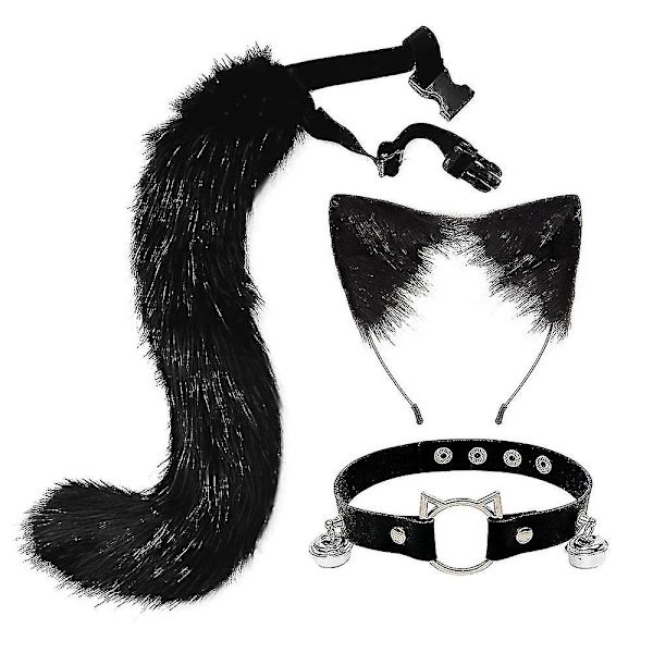Furry Kattöron Fox Svans Bell Halsband Set Halloween Party Tillbehör Lolita Simulation Päls Plysch Huvudbonader Cosplay Rekvisita Hög Kvalitet Black