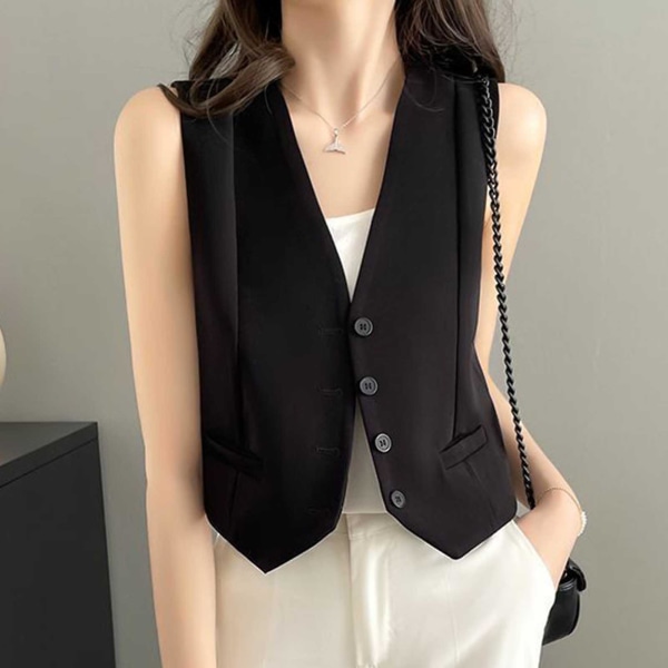 Dam Västmode Chic V-ringad Sommar Ärmlös Väst För Daglig Shopping Outfit Black M
