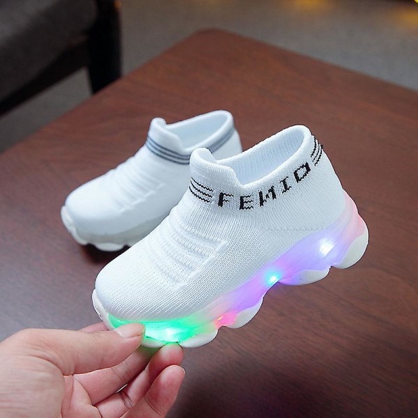 Barnesko Barn Baby Jenter Gutter Bokstav Mesh LED Lysende Sokker Sport Løpesko White 25