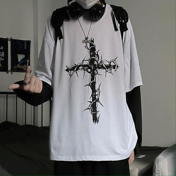 Herr Kvinnor Gotisk skjorta Emo Grunge Alt Vintage Långärmad T-shirt Dark Academia Harajuku Cross Sweatshirt Kläder White L