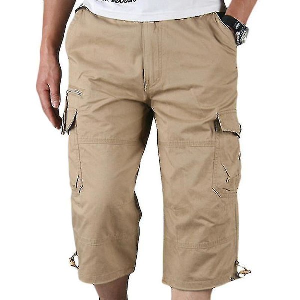 Herr 3/4 Lång Längd Elastiska Shorts Midja Cargo Combat Tre Kvarts Byxor Khaki M