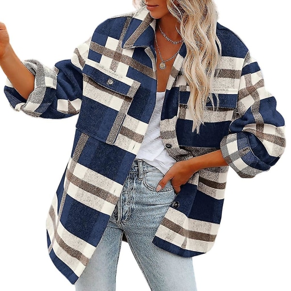 Dame Rutete Ullblanding Langermet Skjortejakke Shackets Navy L