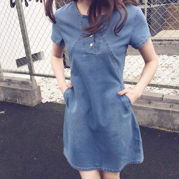 Dame Denim Skjortekjoler Rund Hals Med Knap Afslappet Tunika Top Til Daglig Shopping Dark Blue 3XL