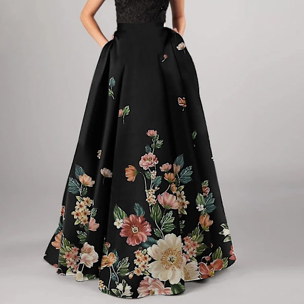 Elastisk midje blomsterprintet plissert A-linje maxi-skjørt for kvinner Black M