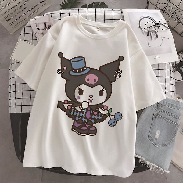 Sød Kuromi Print Harajuku T-shirt til Kvinder Teenagere Toppe Sommer Kortærmet Rund Hals Løs Pasform Casual T-shirts White XL