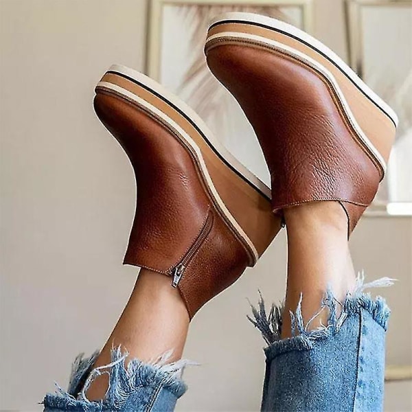 Dame Premium Ensfarvede Kile Ankelstøvler Rund Tå Fodtøj Kiler Casual Sko Brown 35