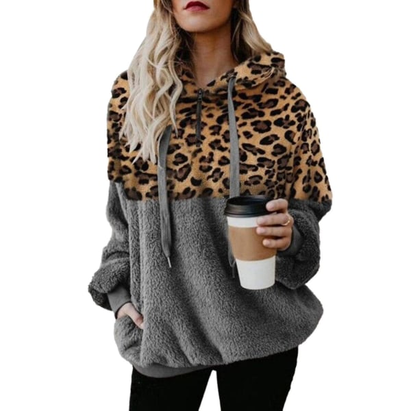 Hættetrøje til kvinder Leopard Print Plys Sweatshirt med lommer Snørehætte Gray M