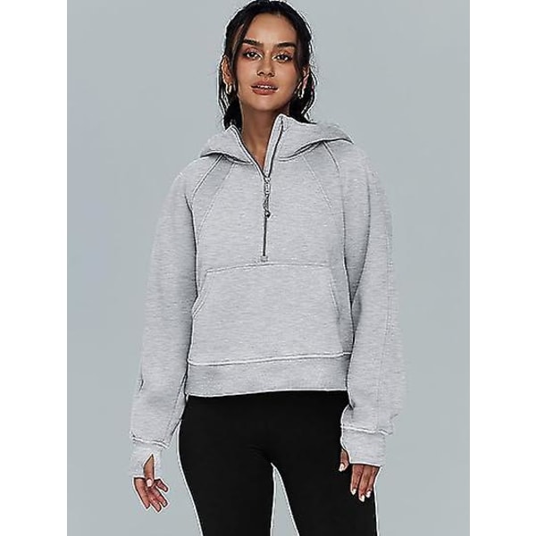Efterår og vinter dame sports half zip yoga dragt løs kort hættetrøje Grey M