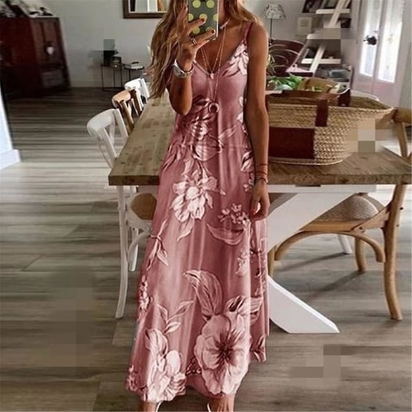 Kvinnor Boho Blommig Tryckt Slip Klänning Sommar Casual V-hals Ärmlös Maxi Klänningar Semester Strand Sundress Pink L