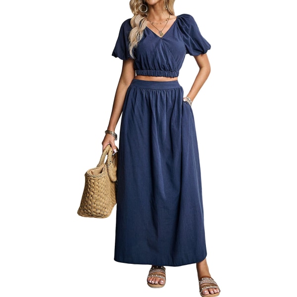 Lös Midi Klänningsset för Dam, Tröja med V-ringning, Set för Vardagligt Hemmabruk Navy Blue S