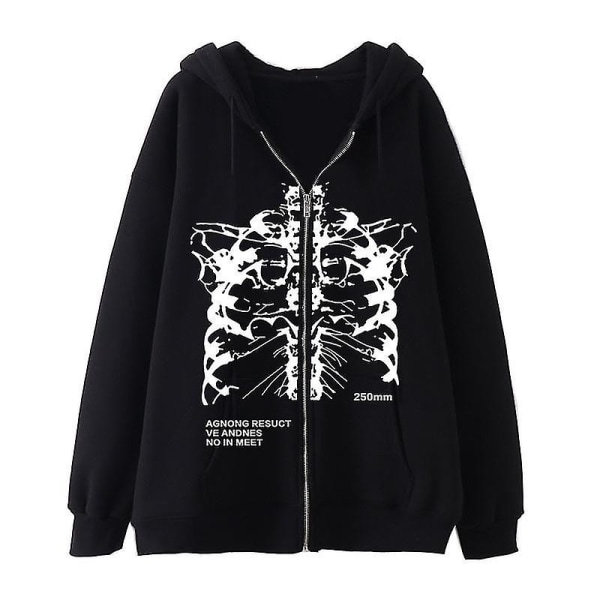 Mørk sweatshirt med lynlås, skelet-hættetrøje, hoodie med knogler, high street hipster sweatshirt jakke black-white L