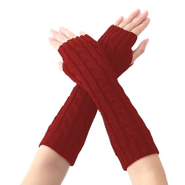 Fingerløse armvarmere strikkede ullhansker vinter varme håndleddsvotter for kvinner Wine Red