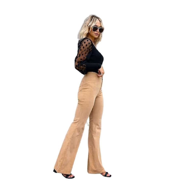 Kvinnors Corduroy Flare Byxor Hög Midja Klockbotten Byxor Khaki XXL