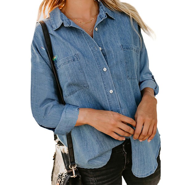 Dame Denim Skjorte med Knapper V-Hals Bluse Toppe med Lommer Til Forår Efterår Hverdagsbrug Lake Blue S